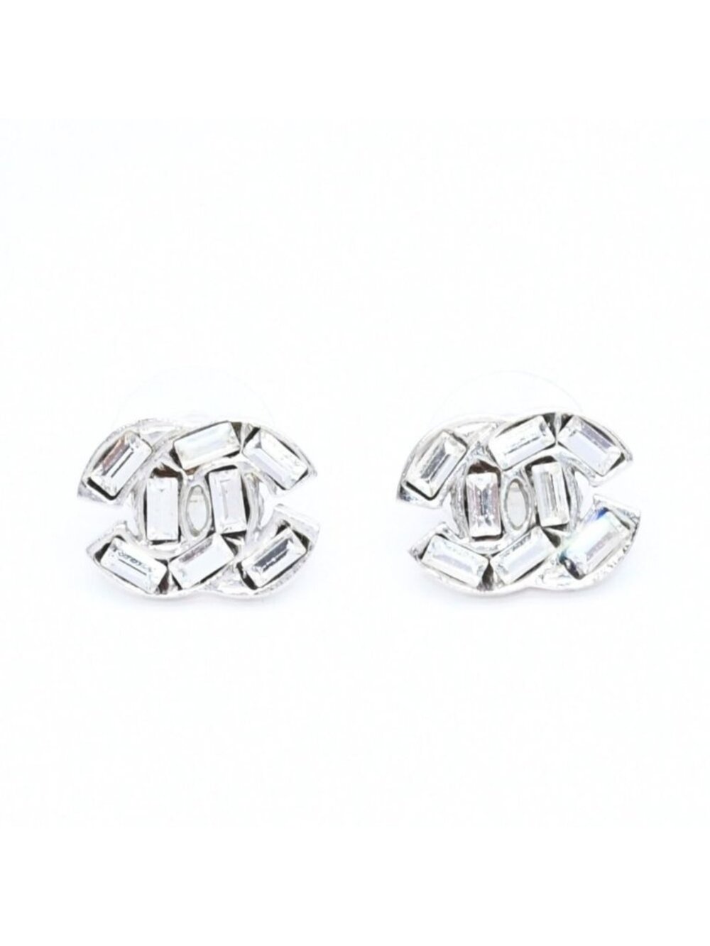 Chanel CC Logo Stud Earrings 01P Stamp Metal Silver Rhinestone